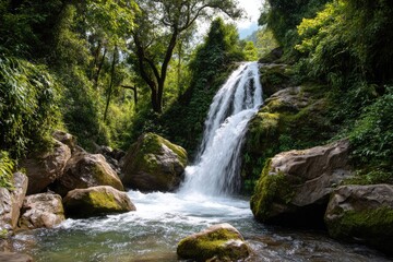 Fototapeta premium A waterfall cascading down rugged rocks in the tropical forest
