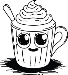 Cute Cartoon Coffee Cup with Whipped Cream and Big Eyes
