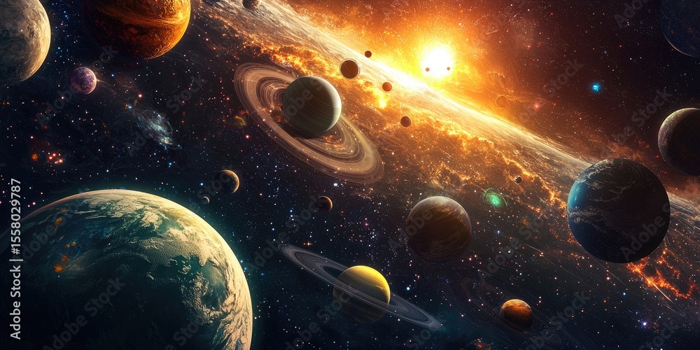 Poster Space-themed web design featuring interactive planetary systems, glowing icons, and real-time cosmic data integration.