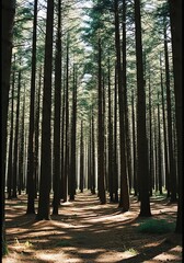 Dense woodland forest with tall trees sunlight