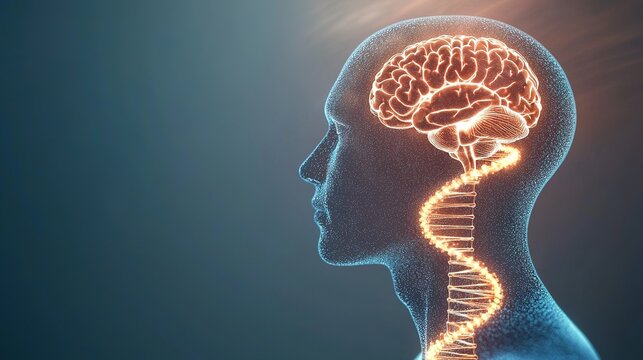 A digital illustration of a human head with a glowing brain connected to a DNA double helix, symbolizing the link between genetics and neuroscience.