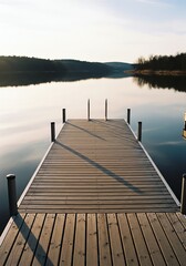 Naklejka premium Dock on calm lake water at sunset