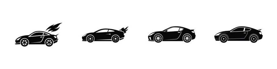 Minimal depiction of a compact sports car profile view blasting off Flat Silhouette on White Background