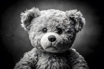 A black and white close up portrait of a sad teddy bear