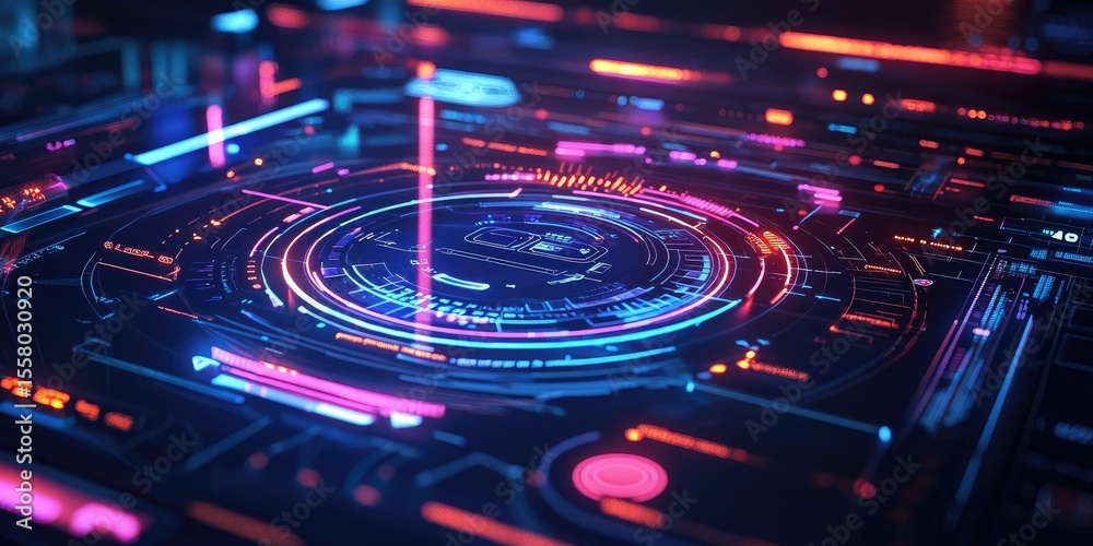 Poster holographic virtual controls with fine details and vibrant colors, ideal for next-generation tech de