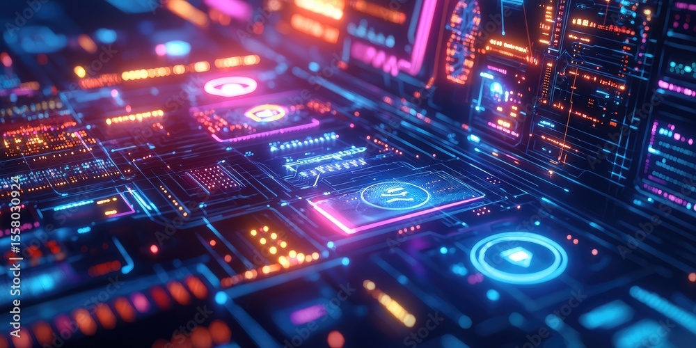 Poster holographic virtual controls with fine details and vibrant colors, ideal for next-generation tech de