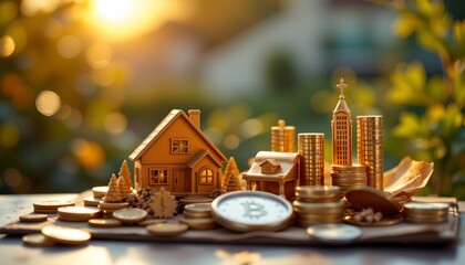 create an image of a well diversified investment portfolio shining under daybreak light, the portfolio should be posed of various assets allocated to maximize returns and minimize risk