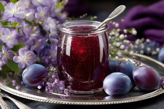 A jar of dark plum jam with a spoon resting in it surrounded by fresh plums and sprigs of purple flowers all sitting on a decorative silver platter