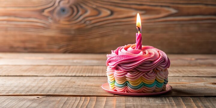 Tiny pink cake with colorful swirled frosting and one lit candle on wooden table