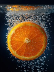 highly realistic close-up photo, one single round bright orange orange slice in clear water.