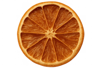 Close-up of a dried orange slice, highlighting its texture and segments, isolated on a transparent background