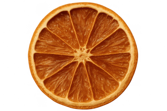 Close-up of a dried orange slice, highlighting its texture and segments, isolated on a transparent background