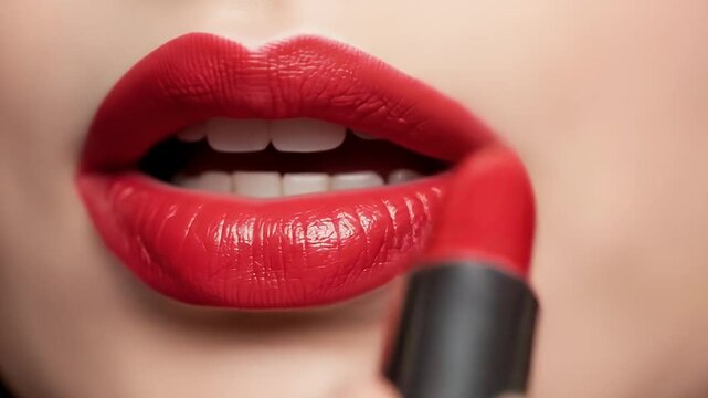 A closeup showcases red lipstick application on lips teeth visible