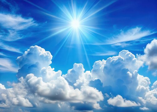 White fluffy cumulus clouds floating in a bright blue summer sky with a few scattered sun rays peeking through the gaps