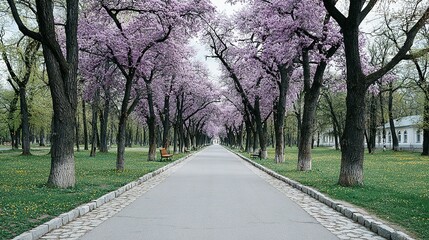 Fototapeta premium A paved path lined with blossoming trees in a park.