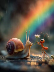 A wide-angle shot of a snail and an ant watching a rainbow after the rain, the ant giving a flower petal as a gift to the snail.