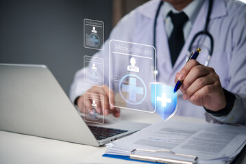 Doctor hand using digital medical record system on virtual screen, health data management, patient information, healthcare technology, telemedicine, hospital administration.