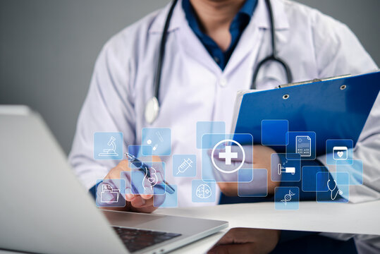 Healthcare provider operating digital health interface, secure, efficient, and modern approach to health information management. medical app, healthcare system, secure data, and doctor office.