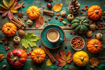 Autumnal still life with coffee pumpkins and fall leaves on rustic wood