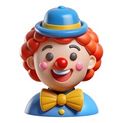 Charming 3d cartoon clown character with blue hat and yellow bow tie smiling joyfully