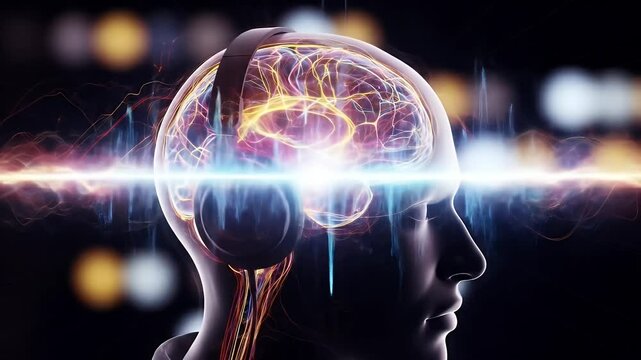 A stylized depiction of a head wearing headphones with a visible brain and energetic waves emanating