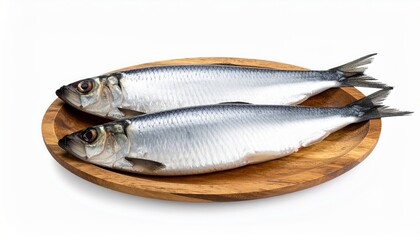 Two Fresh Herrings on a Wooden Plate Ready for Cooking Delicious Seafood Meal