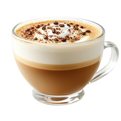 Obraz premium A delicious layered latte macchiato in a clear glass mug topped with whipped cream cocoa powder and coffee beans isolated on transparent background