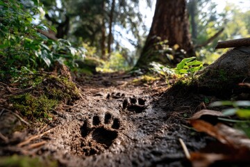 Obraz premium A close-up of footprints in dark mud of a forest floor