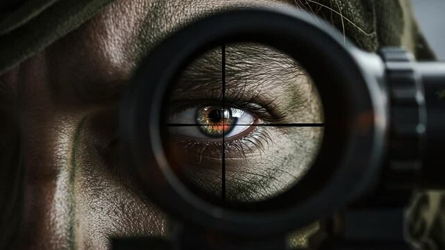 Aiming Sniper Scope View of Soldier Eye with Camouflage Close Up