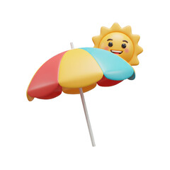 Cheerful 3d sun character peeking over a colorful beach umbrella isolated on transparent background