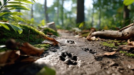 Fototapeta premium A close-up of footprints in dark mud of a forest floor