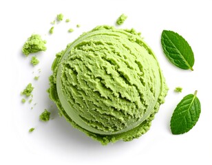 Fototapeta premium Green tea ice cream scoop, creamy and soft, placed on white background.