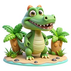 Obraz premium A cheerful cartoon alligator stands on a sandy island with palm trees and lush green grass
