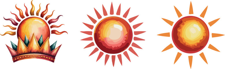 Watercolor Sunburst Vector  Radiant Sun Shapes, Fiery Frames & Maslenitsa-Inspired Illustrations white background .