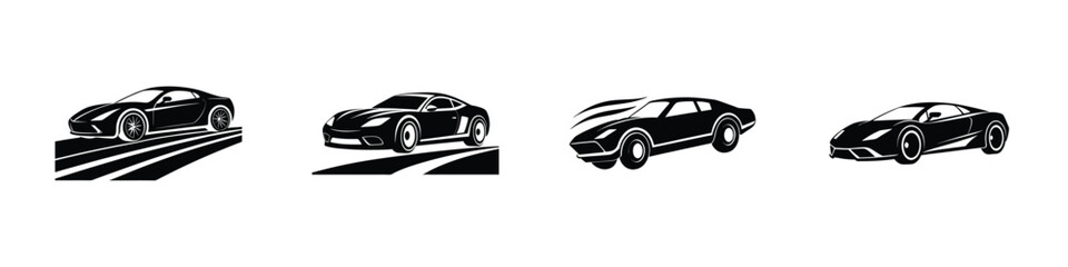 Silhouette Illustration Featuring Fast Sports Car Cruising Along Road Isolated on White Background