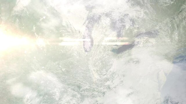 Earth zoom in from space and focus on South Bend, Indiana, USA. Background for travel intro or blog. Satellite view. 3D style Animation. Images from NASA.
