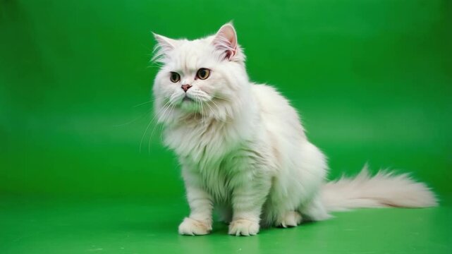 White Fluffy Cat Sitting in Front of a Green Screen Background