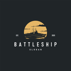 Military warship logo design, war ocean transport with ship icon with heavy weapons with black silhouette as brand template symbol and illustration