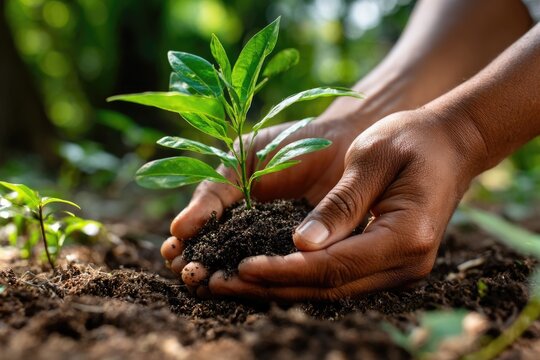 A close-up of hands gently holding a small seedling planted in rich dark soil