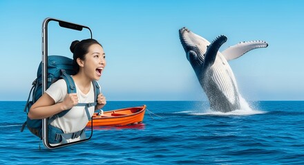 Asian woman travel backpacker shouting open mouth through from screen mobile
