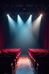 Empty Theater Stage with Dramatic Lighting, Long Shadows, Architectural Details - Perfect for Theatrical Productions, Concerts, and Event Planning