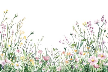 Vibrant Floral Meadow with Various Wildflowers on White Background for Design Projects