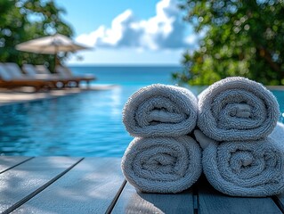 Rolled Towels by Poolside with Ocean View and Lounge Chairs in Background