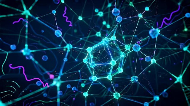 Abstract visualization of big data and scientific information processing. A complex web of glowing lines, nodes, and interconnected points forming a 3D plexus structure - Powered by Adobe
