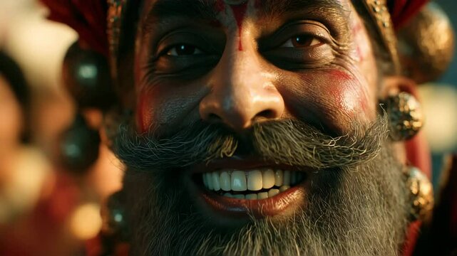 Photorealistic portrayal of a joyful figure, embodying Narada, exuding mischief and charm. The vibrant colors and expressive features evoke a lively, festive mood, reminiscent of Hindu mythology.