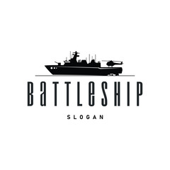 Military warship logo design, war ocean transport with ship icon with heavy weapons with black silhouette as brand template symbol and illustration