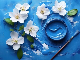Blue Background with White Flowers, Green Leaves, Paint Swirl, and Brush for Artistic and Decorative Use