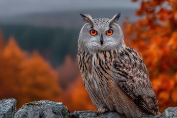 Majestic Owl Perched on a Rock with Autumn Background