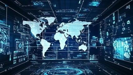 Futuristic digital interface showcasing a world map with high-tech data visualizations and graphs - Powered by Adobe