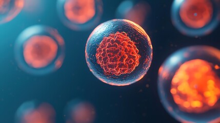 Naklejka premium Close-up digital illustration of cells with detailed internal structures glowing in vibrant orange and blue hues.